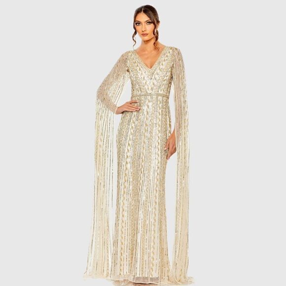 Mac Duggal 5915 Womens Nude Gold SEQUINED V-NECK GOWN  Dress WITH CAPE SLEEVES - Picture 2 of 14